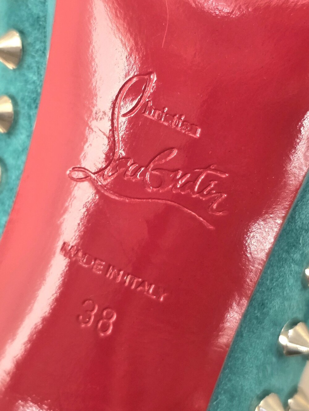 Christian Louboutin Aqua Suede Silver Spiked Open Toe Ankle Boots Size 38 US 7-9 - Picture 13 of 14